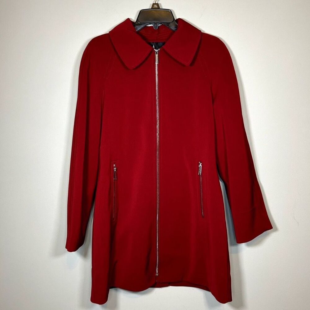 red zip-up overcoat